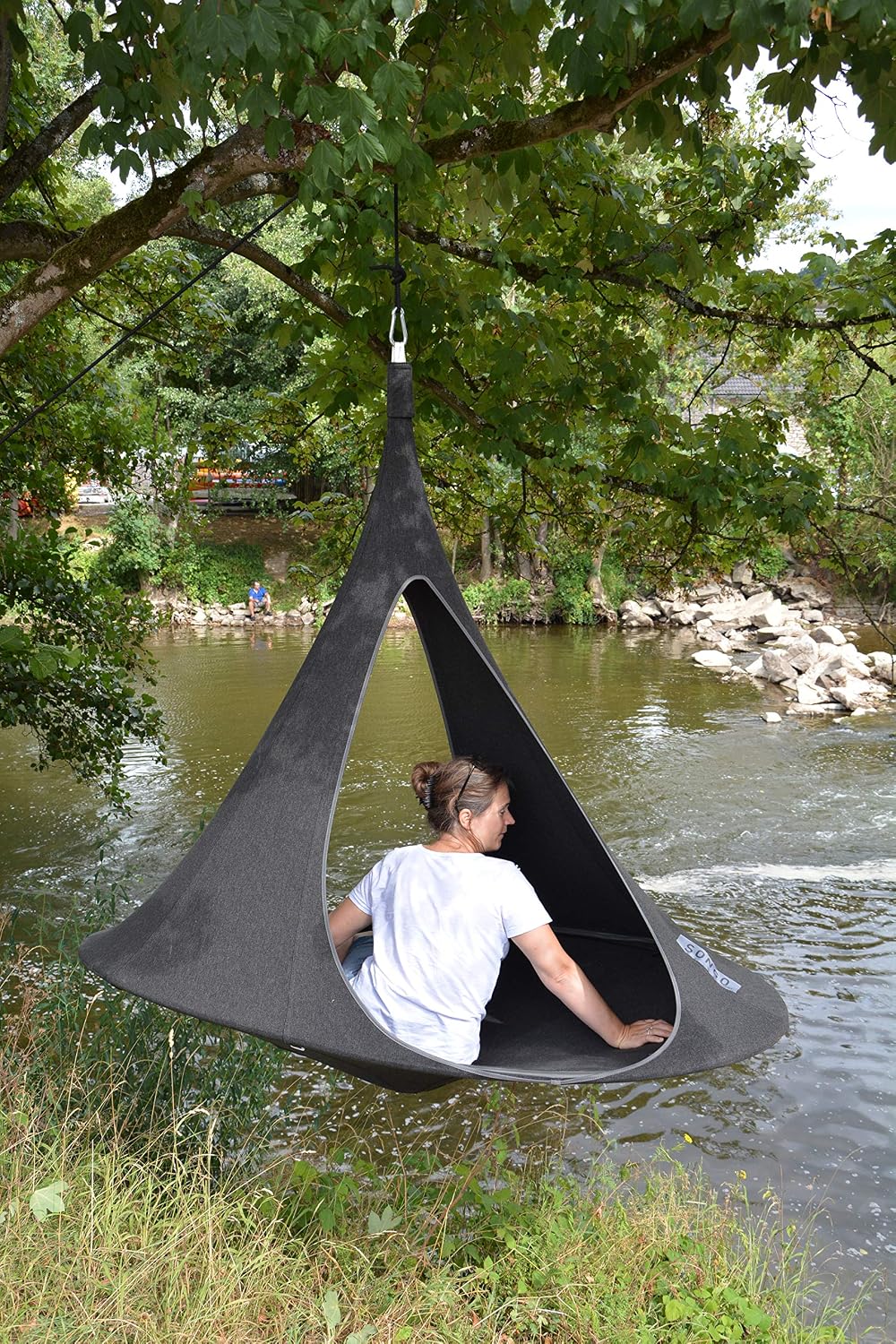 Vivere Cacoon Hanging Songo Chair- Indoor/Outdoor Olefin Canvas- 440 lb Capacity (Charcoal)