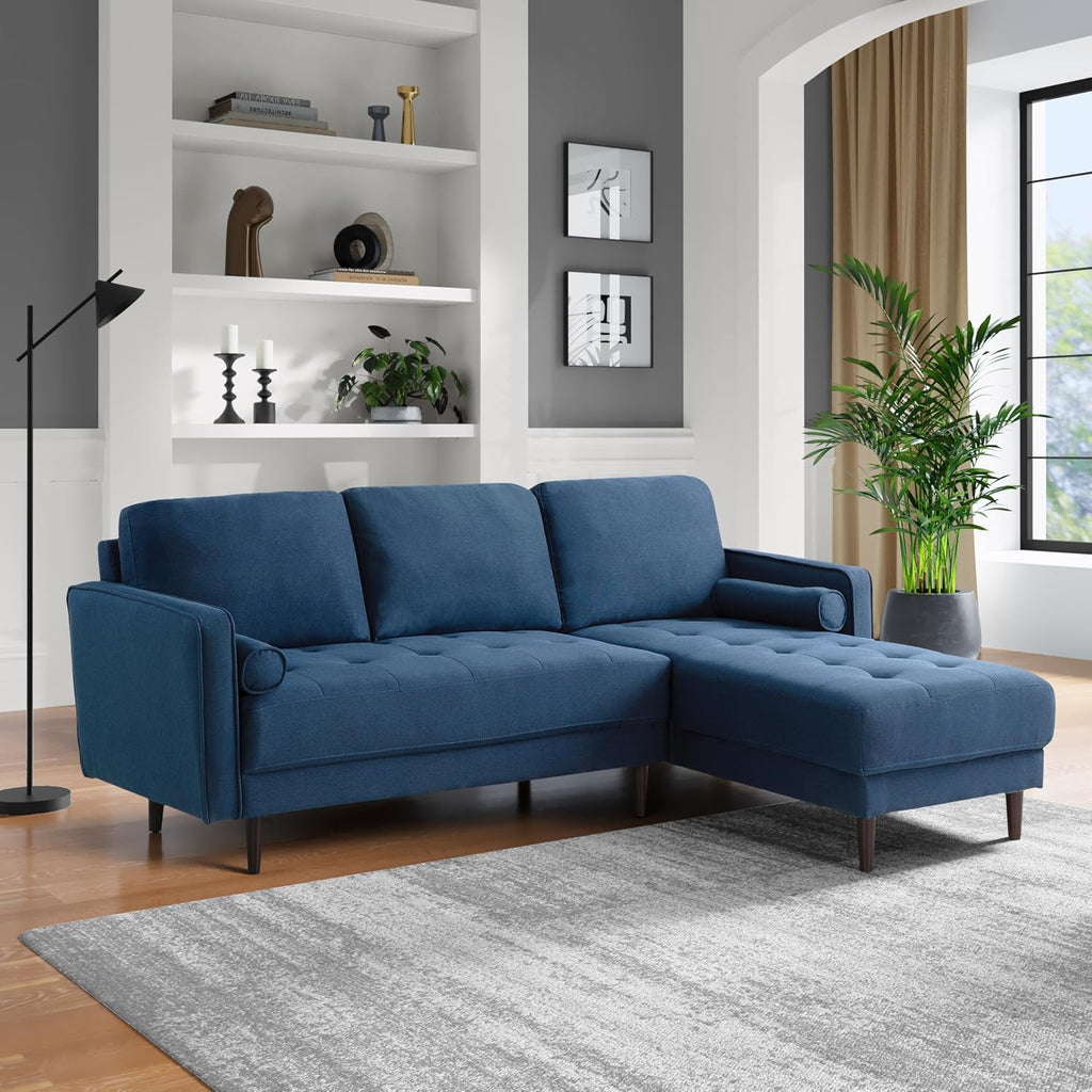 Studio Living® Lexington 83.1' Sofa Chaise, Mid-Century Modern, Pocket Coil Comfort, Reversable Chaise, Easy Assembly, Woven Fabric, Navy Blue