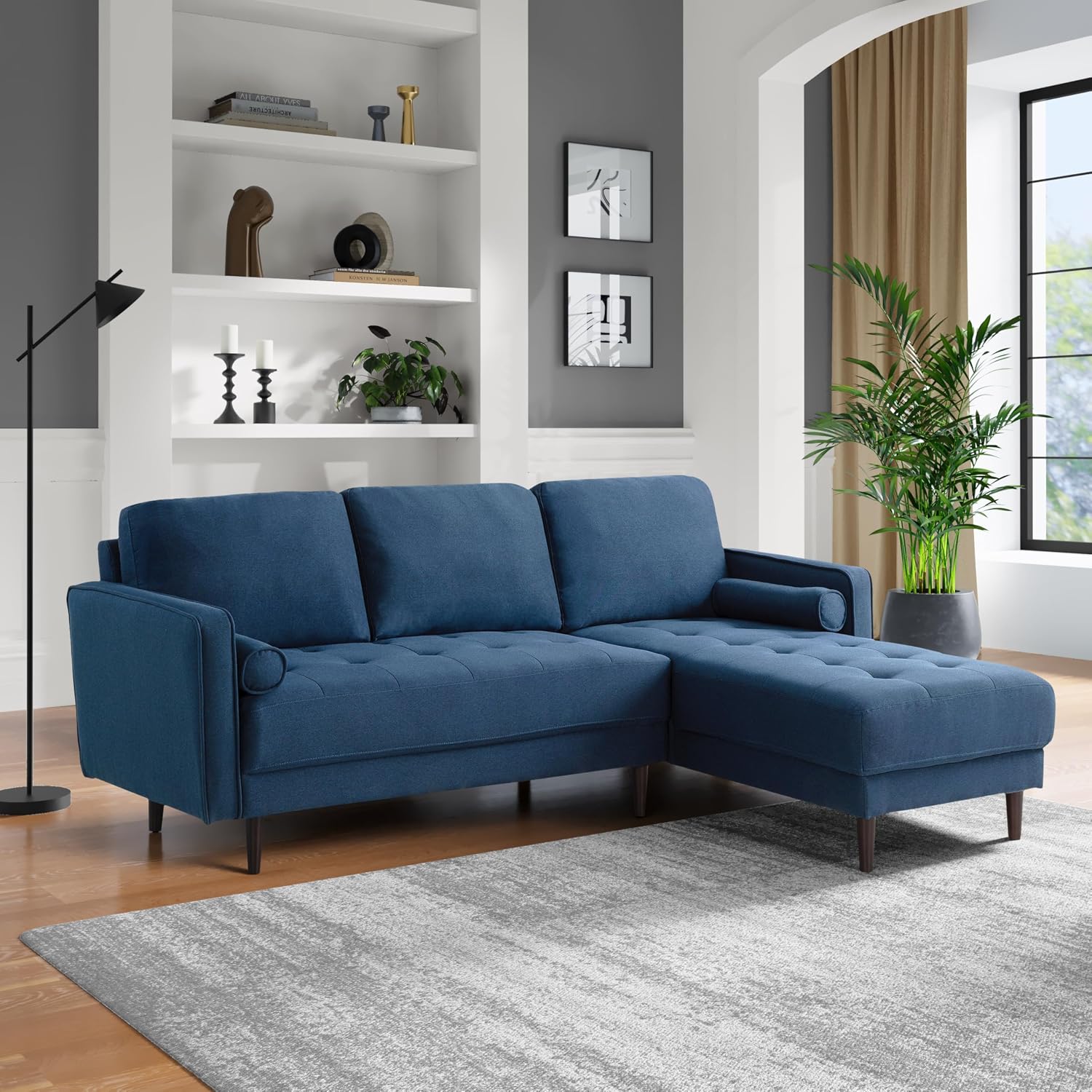 Studio Living® Lexington 83.1' Sofa Chaise, Mid-Century Modern, Pocket Coil Comfort, Reversable Chaise, Easy Assembly, Woven Fabric, Navy Blue