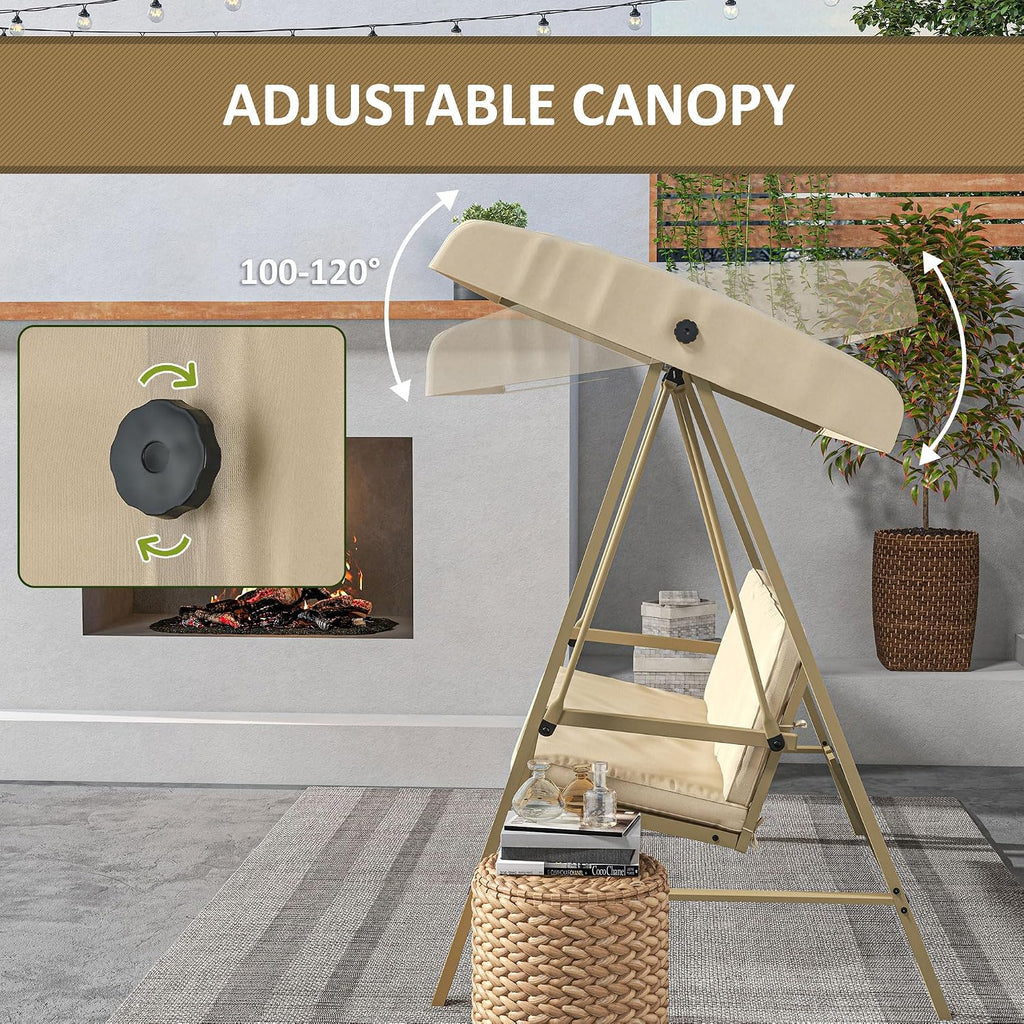 Outsunny 3-Seater Outdoor Porch Swing with Stand, Heavy Duty Patio Swing Chair with Adjustable Canopy, Removable Cushions, Breathable Mesh Seat for Garden, Backyard, and Poolside, Beige