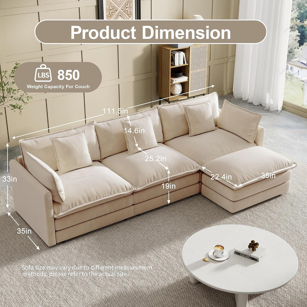 Modular Sectional Sofa, 111.5 Inch L-Shaped Cloud Sofa with Deep Seat Chenille Sofa with Cushions, Three-Self Sectional Sofa for Living Room Apartment,Light Coffee