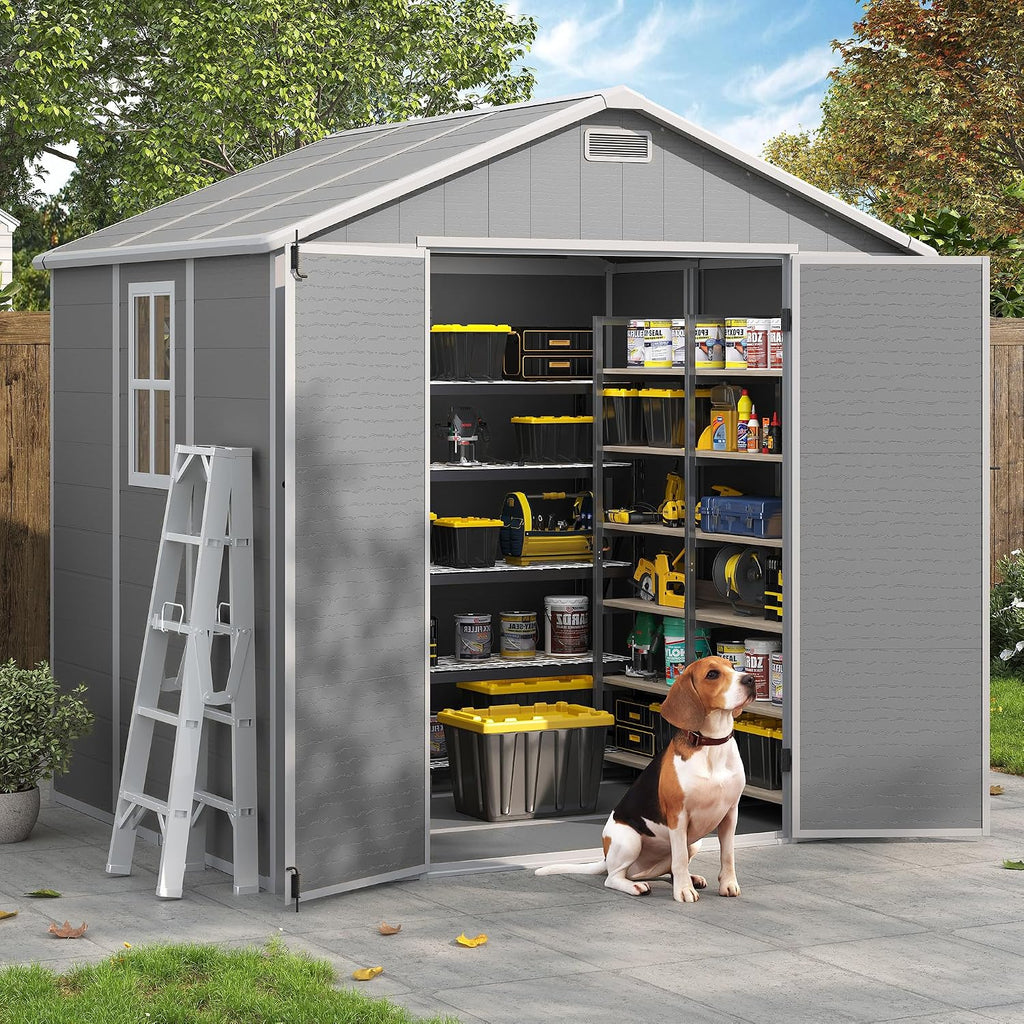 Outdoor Storage Shed, 8x6 FT Resin Shed with Floor Included and Lockable Door, Window & Vents, Tool Sheds, Outdoor Storage for Bike, Garden Accessories, Tools, Waterproof