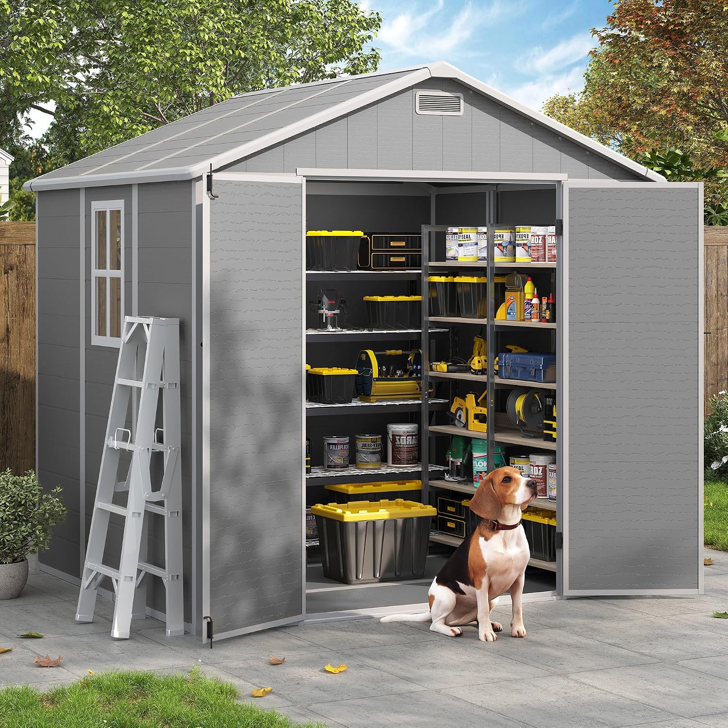 Outdoor Storage Shed, 8x6 FT Resin Shed with Floor Included and Lockable Door, Window & Vents, Tool Sheds, Outdoor Storage for Bike, Garden Accessories, Tools, Waterproof