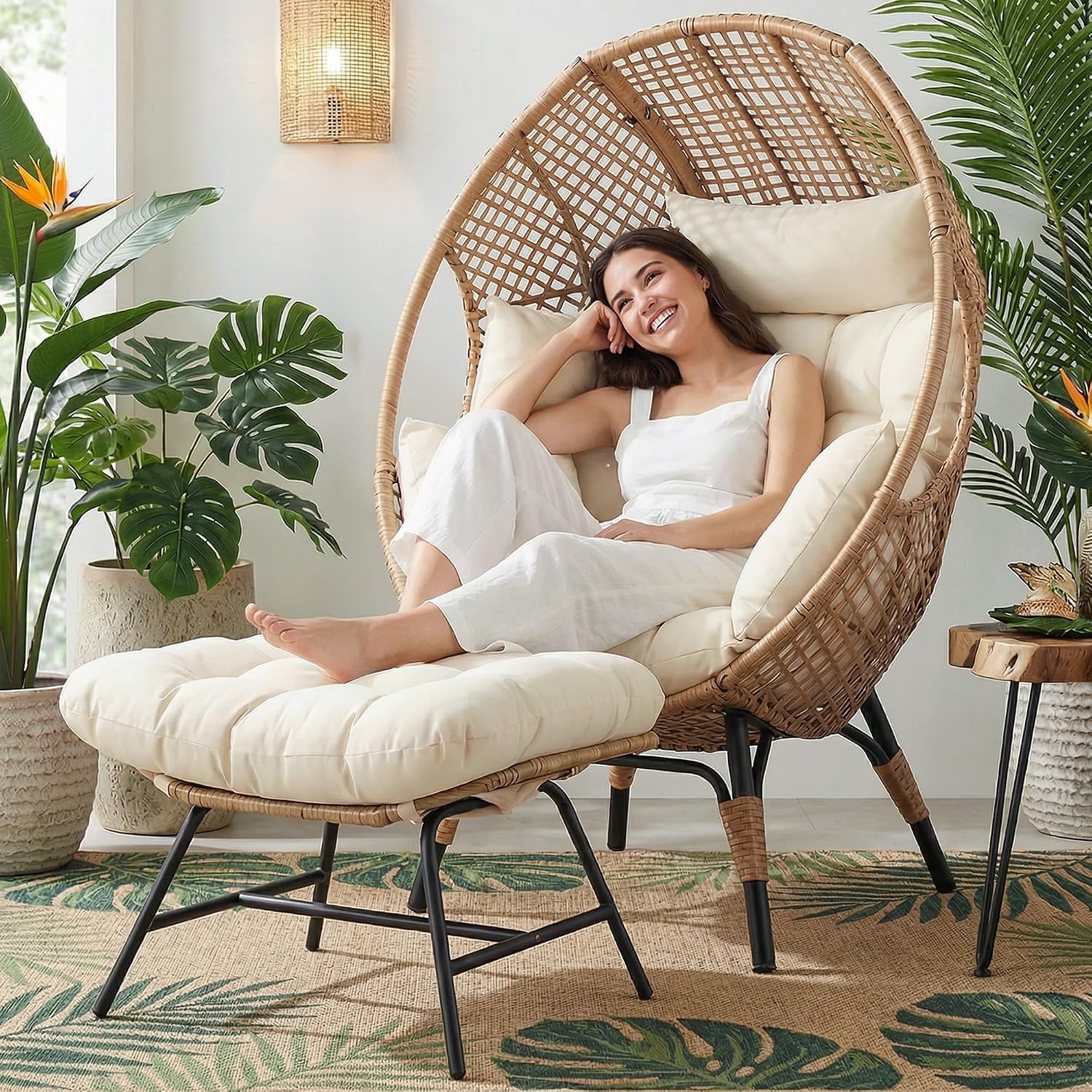 RADIATA Egg Chair with Footrest, Wicker Patio Lounger with Ottoman, Oversized Rattan Egg Shaped Chair with Leg for Indoor Outdoor Patio Balcony Garden (Beige)