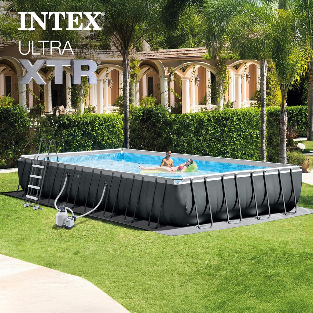 Intex Ultra XTR Heavy Duty Rectangular Above Ground Swimming Pool with Complete Set of Maintenance Kit, Ladder, and Sand Filter Pump, Gray