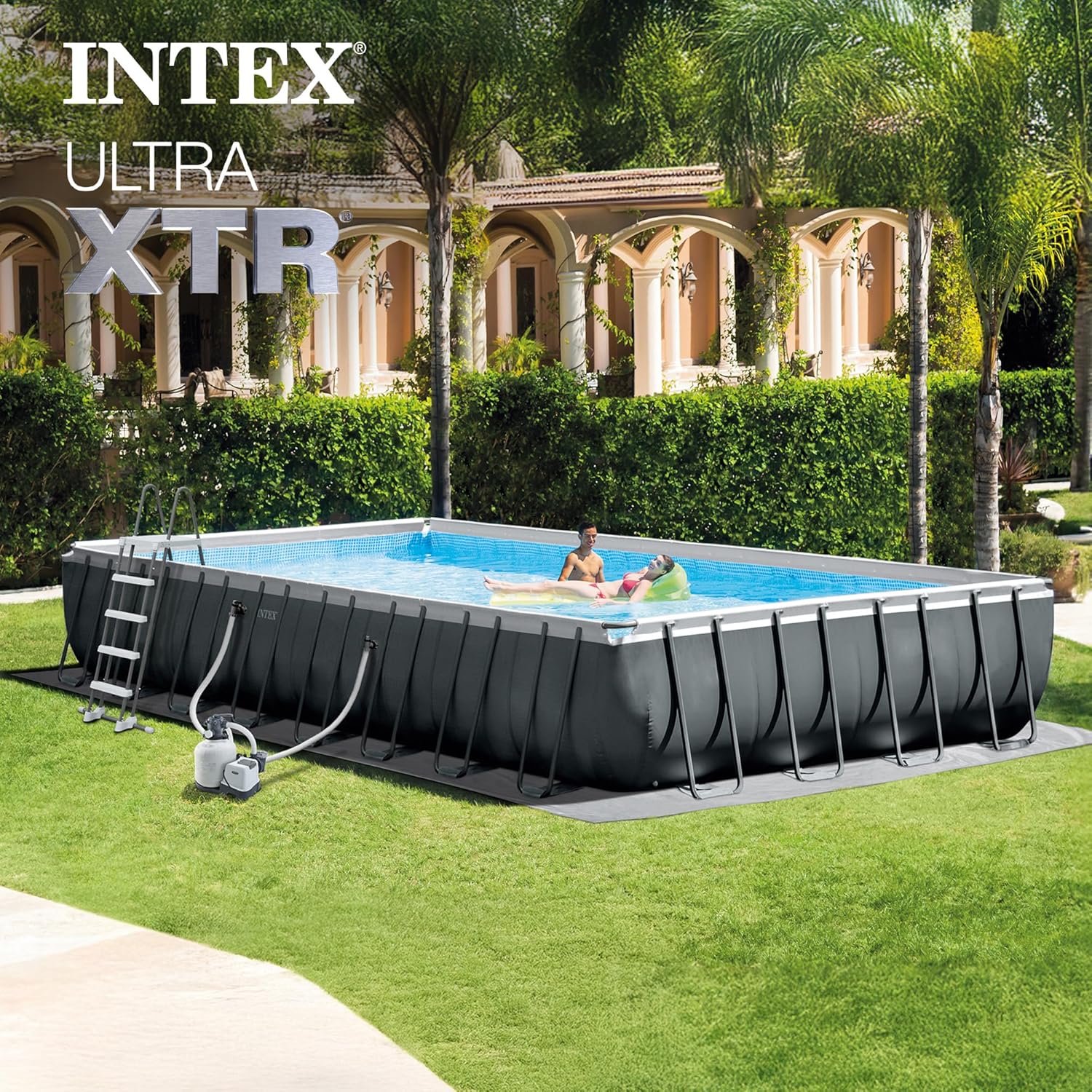 Intex Ultra XTR Heavy Duty Rectangular Above Ground Swimming Pool with Complete Set of Maintenance Kit, Ladder, and Sand Filter Pump, Gray