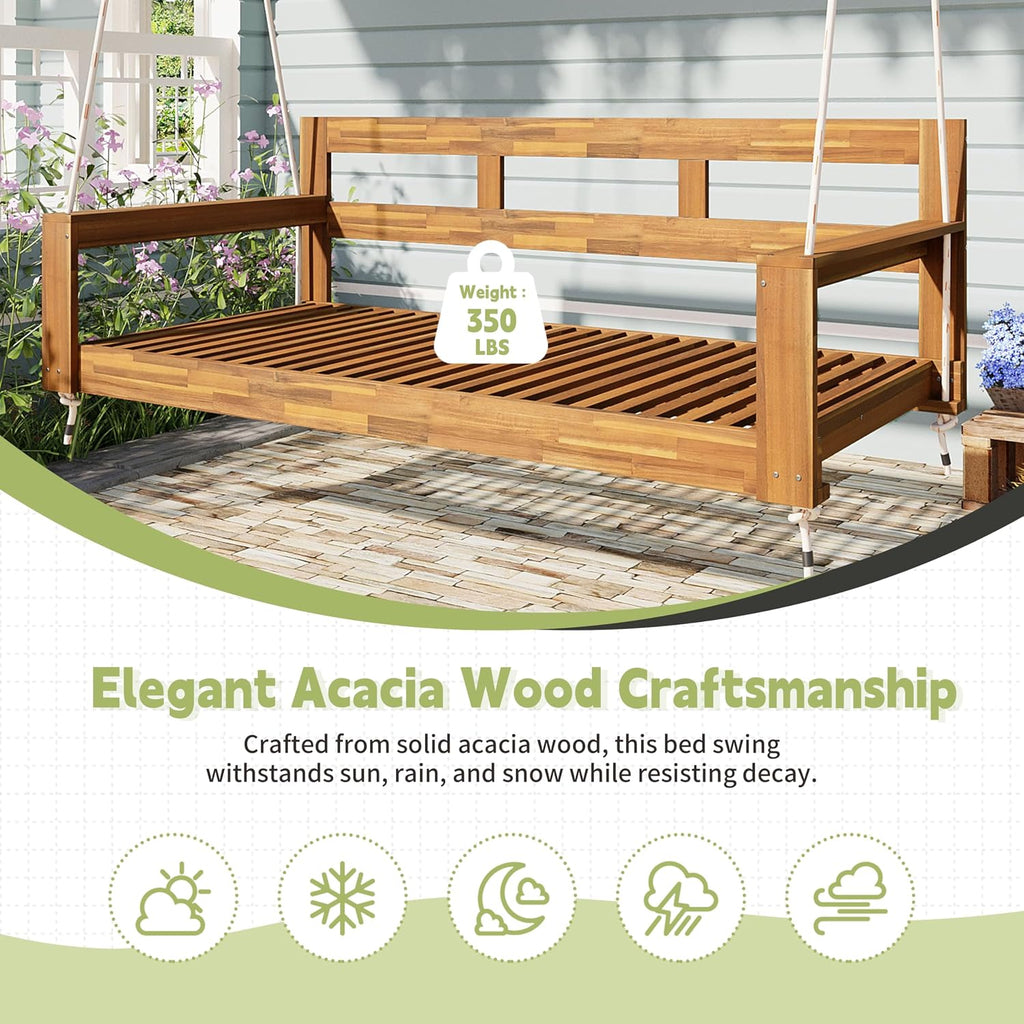 RuiSiSi Twin Size Porch Swing Daybed Frame, Outdoor Porch Swing Chair, Framhouse Hanging Bench with 4 Hanging Ropes for Garden, Backyard, Patio, Natural
