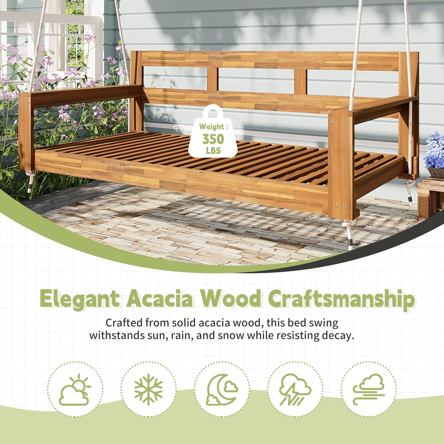 RuiSiSi Twin Size Porch Swing Daybed Frame, Outdoor Porch Swing Chair, Framhouse Hanging Bench with 4 Hanging Ropes for Garden, Backyard, Patio, Natural
