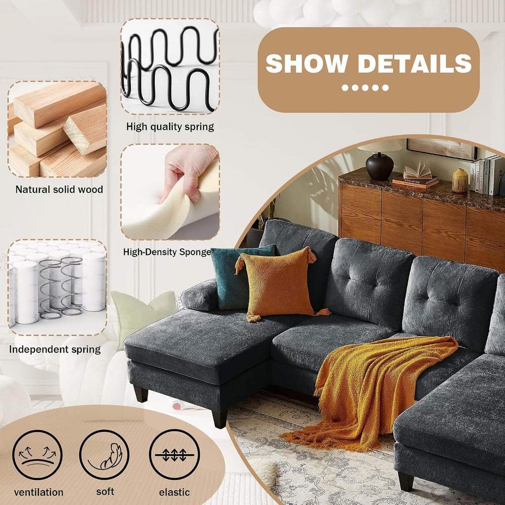 Sectional Couch for Living Room, Modern Polyester Fibre U Shaped Sofa Couches with Double Chaise, Upholstered 4 Seater Sofa for Living Room, Apartment, Office, Black