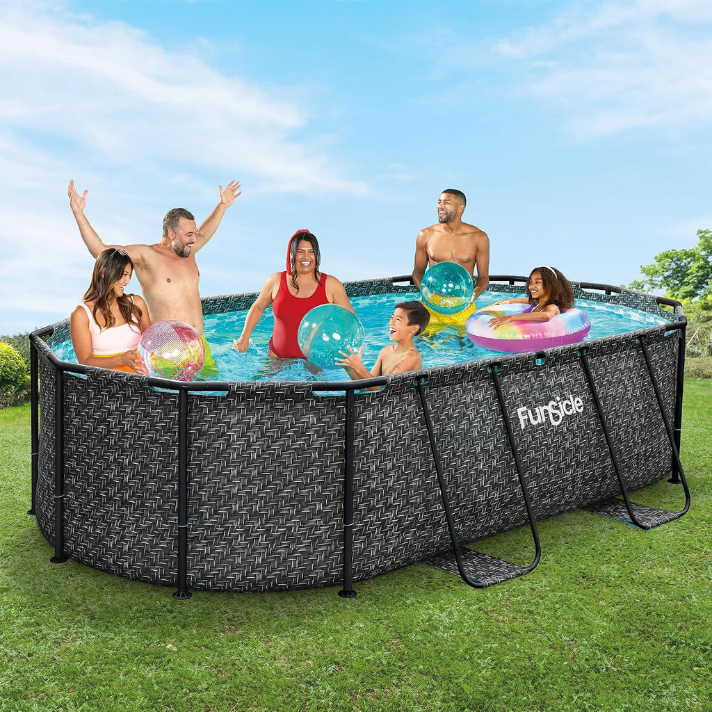 Funsicle Oval Oasis Designer 13'11' x 8'2' x 39.5' Above Ground Swimming Pool, with FiltraBoost Filter 800 GPH Pump with AutoSkimmer, Ladder & Type D Filter Cartridge, Dark Herringbone