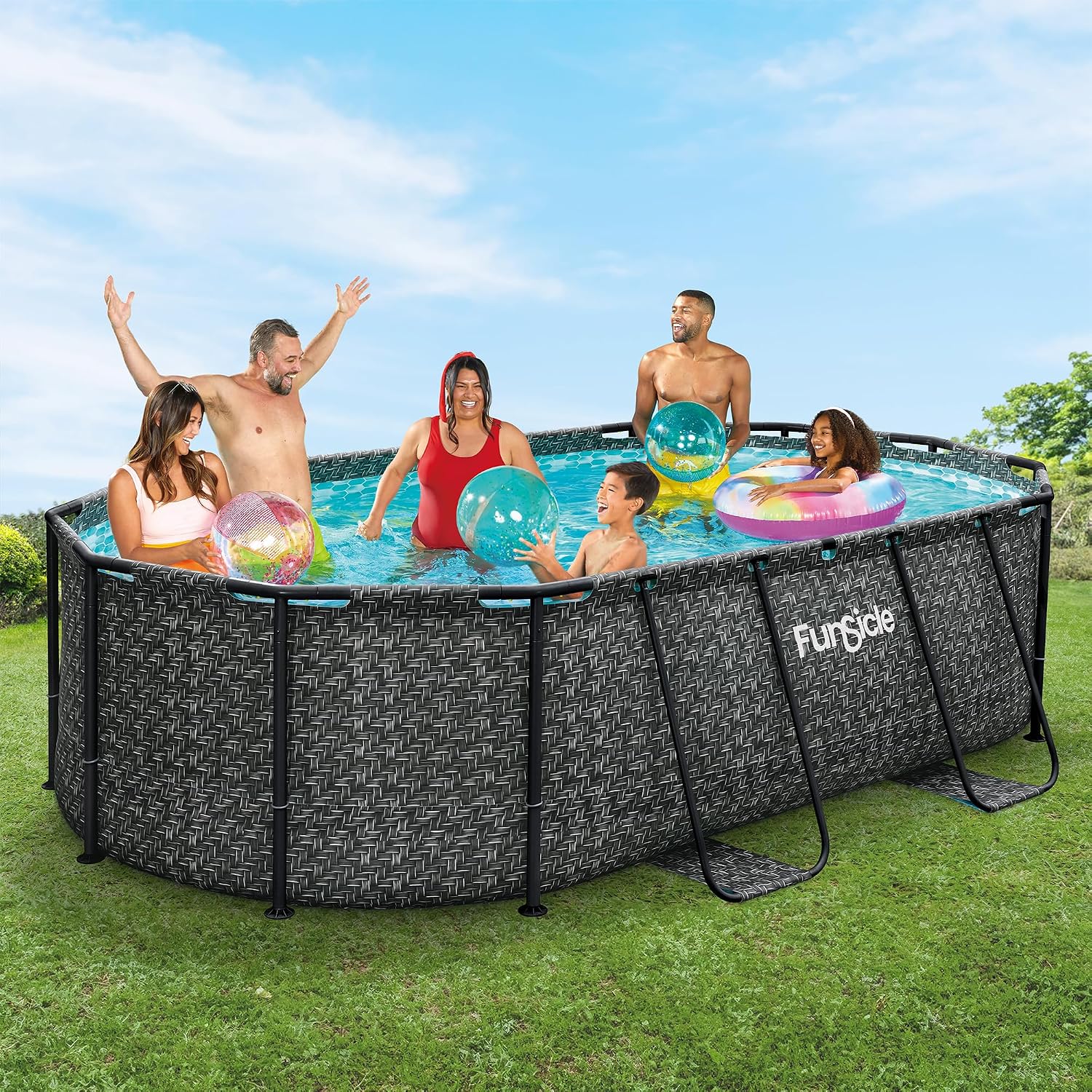Funsicle Oval Oasis Designer 13'11' x 8'2' x 39.5' Above Ground Swimming Pool, with FiltraBoost Filter 800 GPH Pump with AutoSkimmer, Ladder & Type D Filter Cartridge, Dark Herringbone