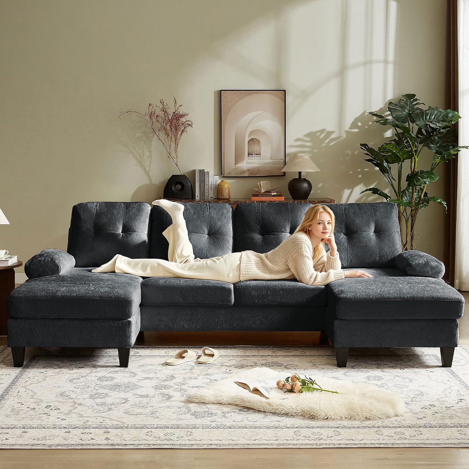 Sectional Couch for Living Room, Modern Polyester Fibre U Shaped Sofa Couches with Double Chaise, Upholstered 4 Seater Sofa for Living Room, Apartment, Office, Black