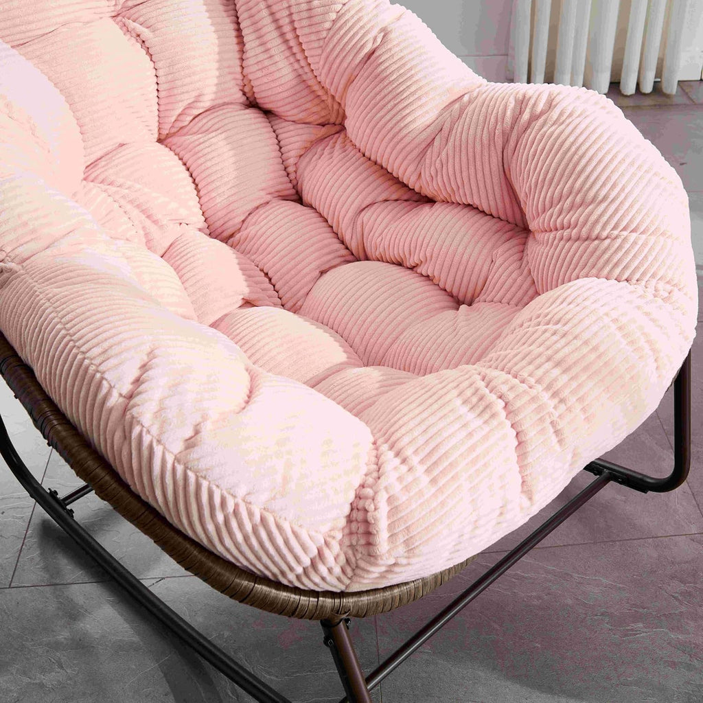 Wicker Outdoor Rocking Chair Rattan Egg Chair with Thick Cushion 30° Smooth Rocking Patio Lounge Reclining for Indoor Outdoor Use Living Room Front Porch Balcony Lawn Garden, Pink