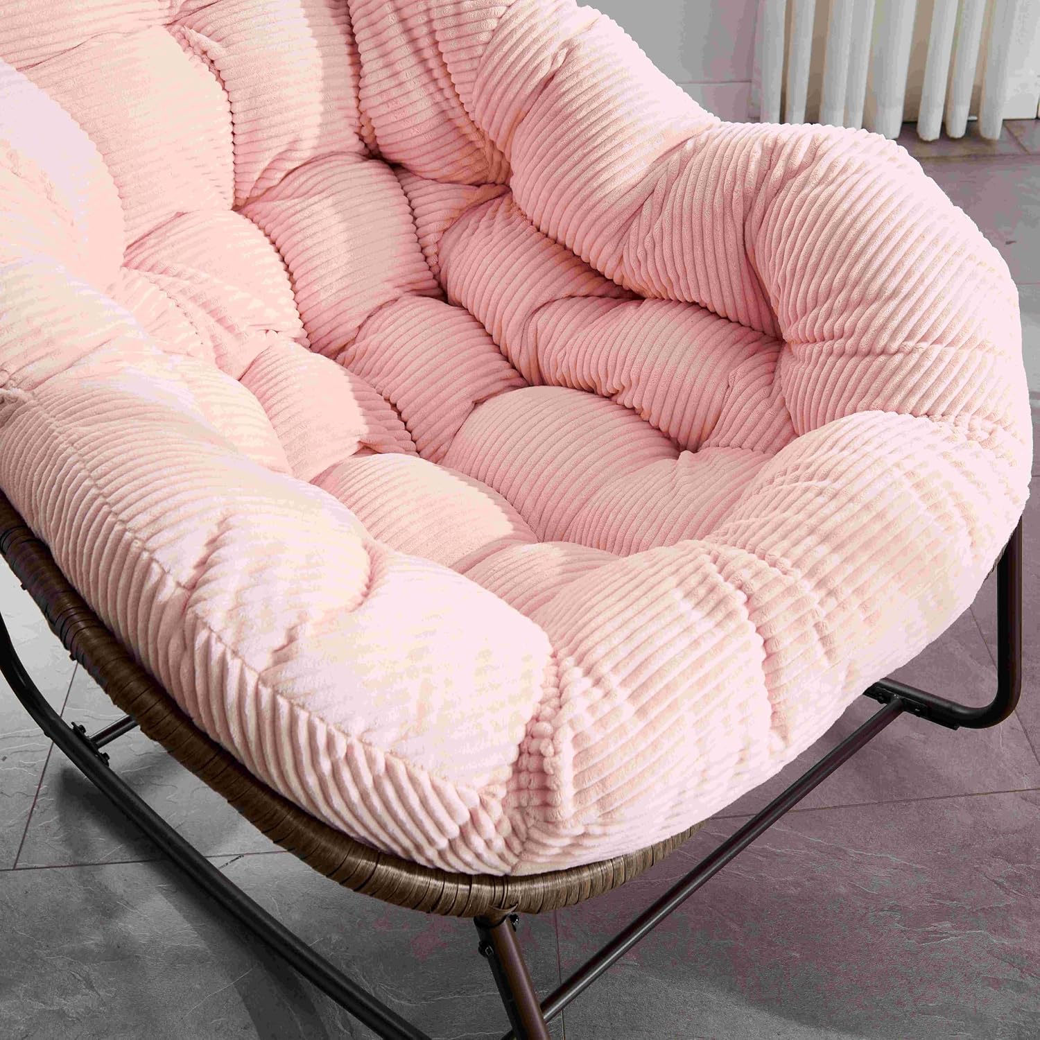Wicker Outdoor Rocking Chair Rattan Egg Chair with Thick Cushion 30° Smooth Rocking Patio Lounge Reclining for Indoor Outdoor Use Living Room Front Porch Balcony Lawn Garden, Pink