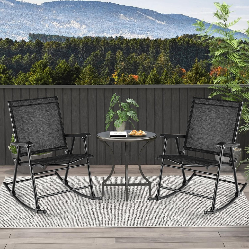 Tangkula Folding Rocking Chairs Set of 2, Patio Rockers with Breathable Seat Fabric & Sturdy Metal Frame, Smooth Rocking Motion, Heavy-Duty Outdoor Rocker for Backyard, Front Porch, Poolside