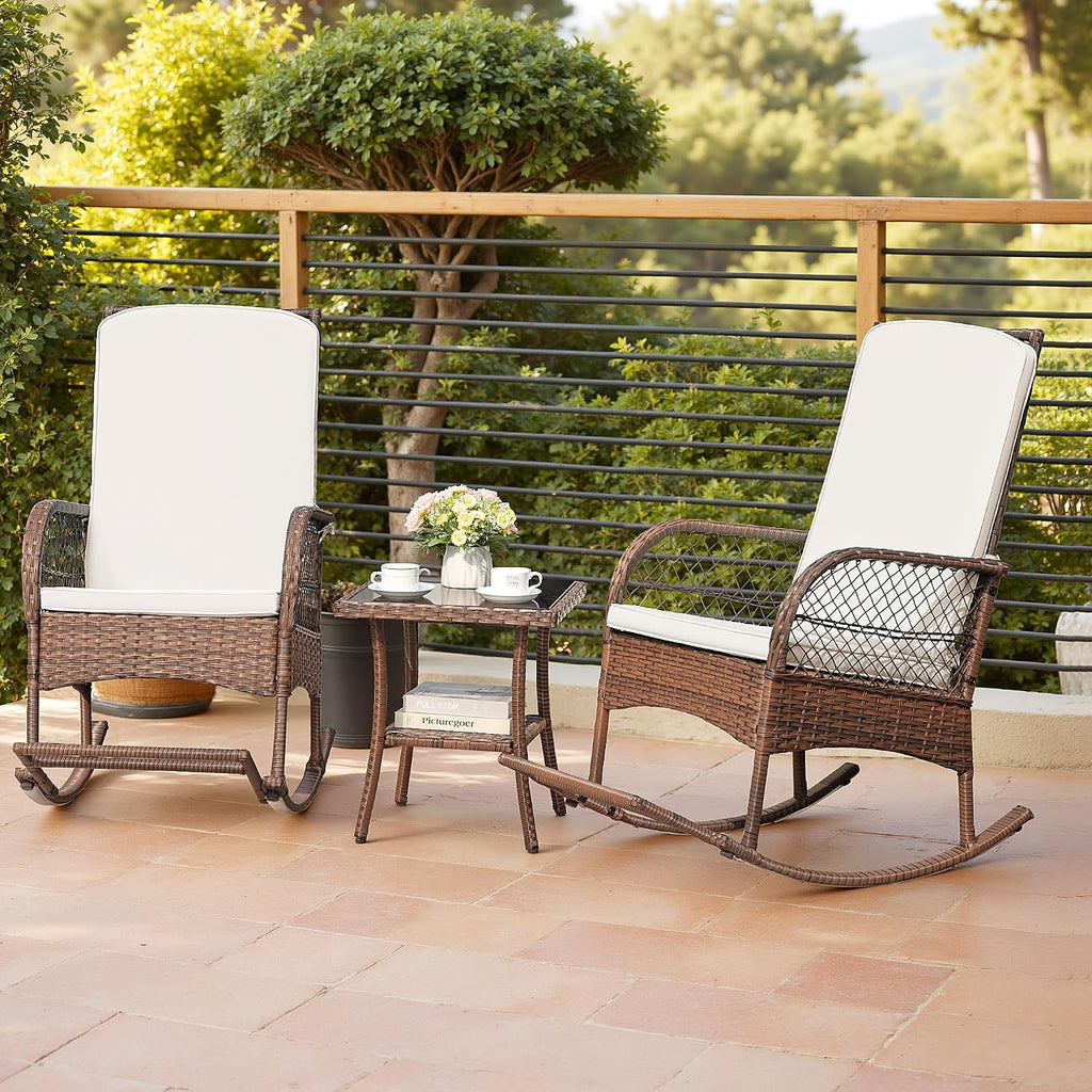 Devoko Outdoor Rocking Chairs 3 Piece Patio Furniture Set with Side Table & Cushions, Wicker Porch Rocker Bistro Set High Back for Balcony, Backyard, Garden (Beige)
