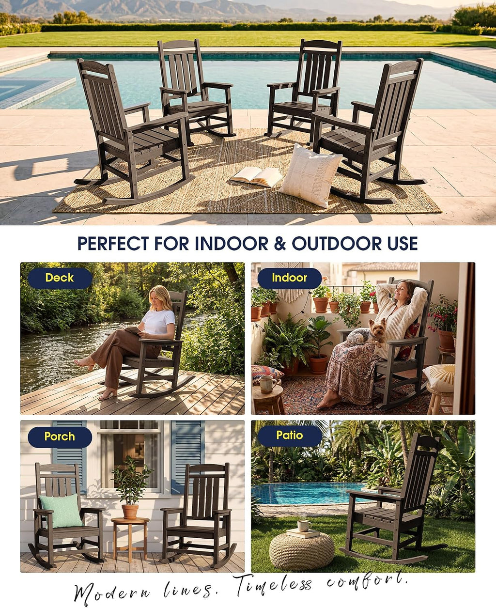 KINGYES Oversized HDPE Rocking Chairs Outdoor, Patio Rocking Chairs with 330lbs Support, Smooth Porch Rocker for Deck Lawn Yard, Coffee Brown