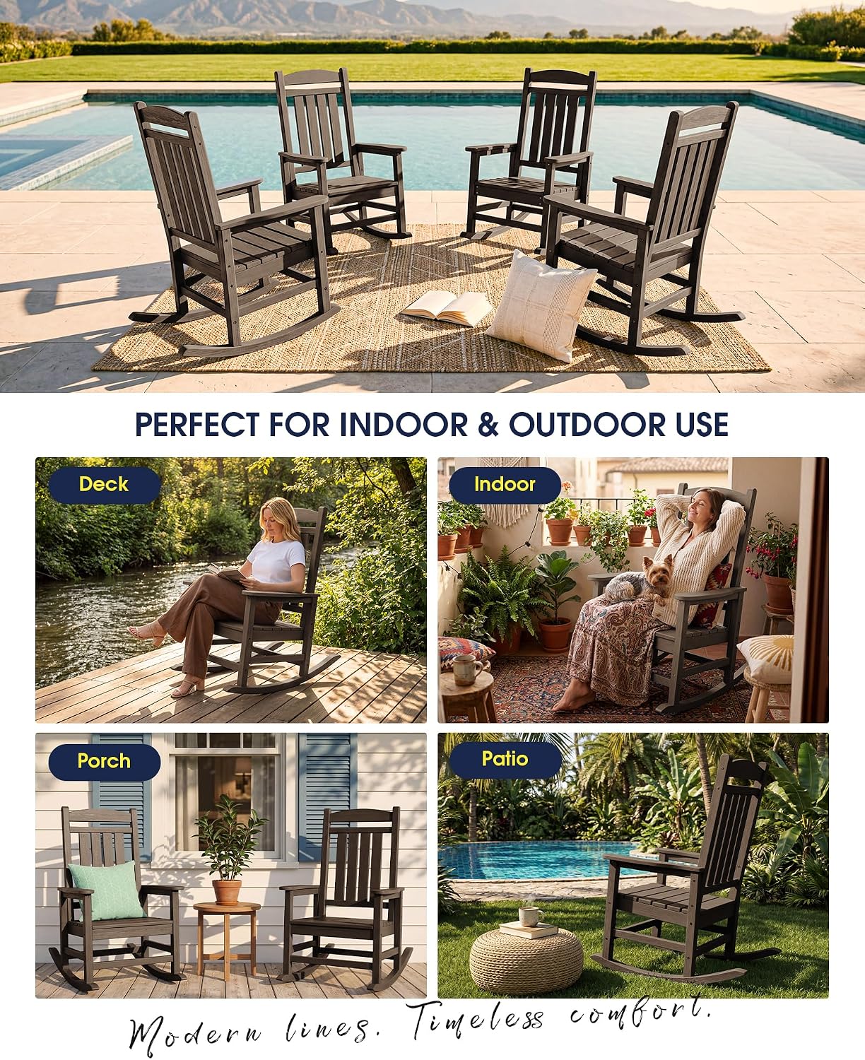 KINGYES Oversized HDPE Rocking Chairs Outdoor, Patio Rocking Chairs with 330lbs Support, Smooth Porch Rocker for Deck Lawn Yard, Coffee Brown
