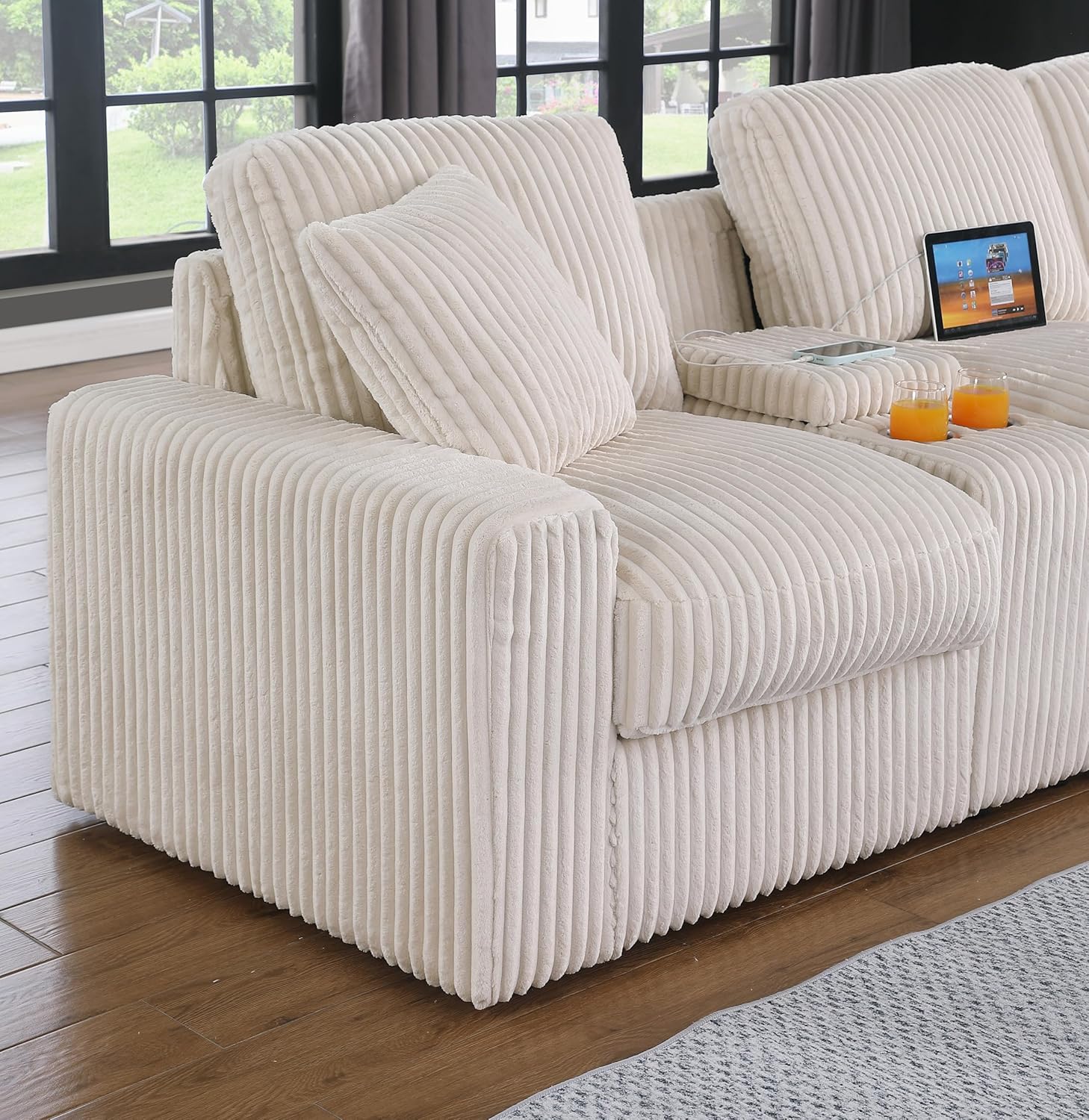 Ball & Cast 127' Modular Sectional Sofa,Modern Oversized Cloud Couch with Cup Holder&USB Port,7 Seat Convertible L-Shaped Corduroy Sofas W/Ottoman,Pillows&Storage Box,Comfy Couch for Living Room,Beige