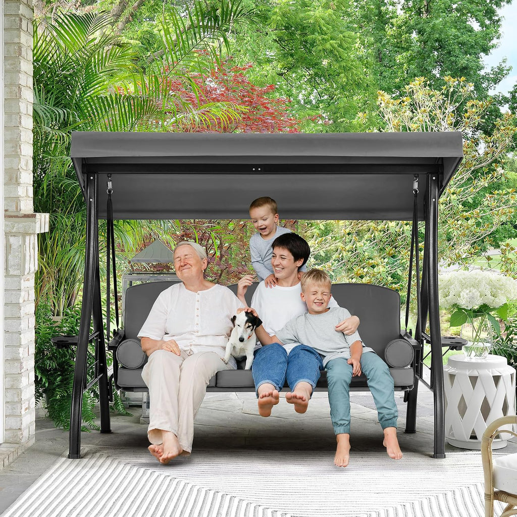 HOMREST 3 Person Outdoor Porch Swing with 1.5' Upgraded Cup Holder, Adjustable Canopy, Backrest, Patio Swing Bed with Weather Resistant Steel Frame, Cushions for Garden,Deck and Poolside(Gray)