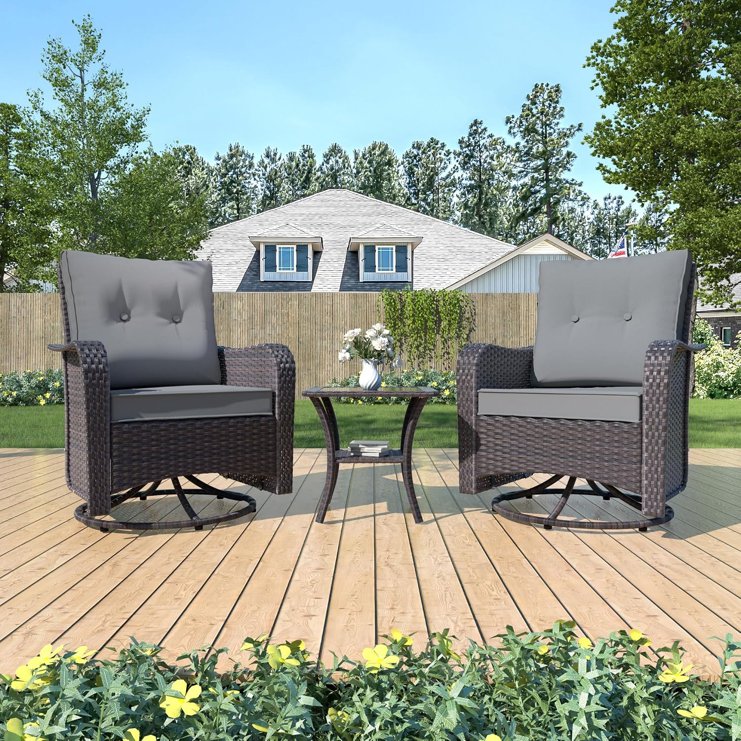 Kurapika 3 Pieces Patio Furniture Set Outdoor Swivel Gliders Rocker, Wicker Patio Bistro Set, Rattan Rocking Chair with Tempered Glass Side Table and Thickened Cushions (Grey)