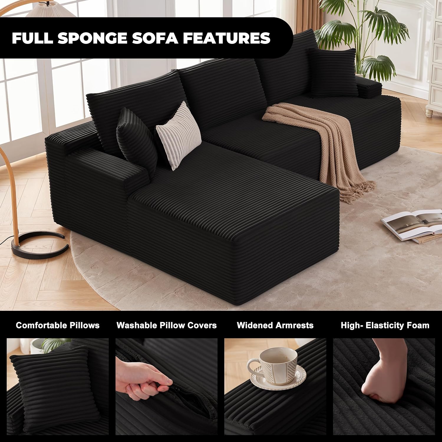 Mangodan Cloud Sectional Sofa, Boneless Couch for Living Room, Modular Sectional Sofa with Deep Seat, Fluffy Comfy Couch with L-Shaped Chaise, No Assembly Required, Black