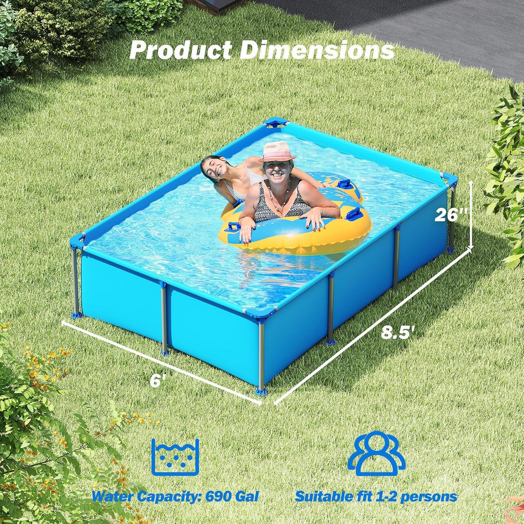 Moccha 8.5' x 6' Rectangle Above Ground Pool - Metal Frame Family Pool Set with PVC Fabric, 3 Stoppers & Drainage Valve Connector, Outdoor Backyard Swimming Pool, 690 Gallons of Water