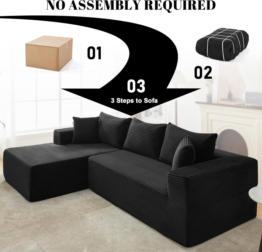 Mangodan 110' Cloud Sectional Couch, Boneless Sofa for Living Room, Modular Sectional Sofa with Deep Seat, Comfy Fluffy Couch with L-Shaped Chaise, No Assembly Required (Left-Facing Chaise, Black)