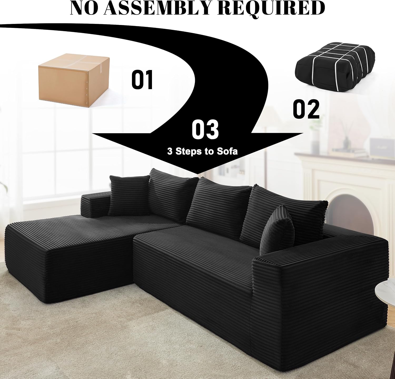 Mangodan 110' Cloud Sectional Couch, Boneless Sofa for Living Room, Modular Sectional Sofa with Deep Seat, Comfy Fluffy Couch with L-Shaped Chaise, No Assembly Required (Left-Facing Chaise, Black)