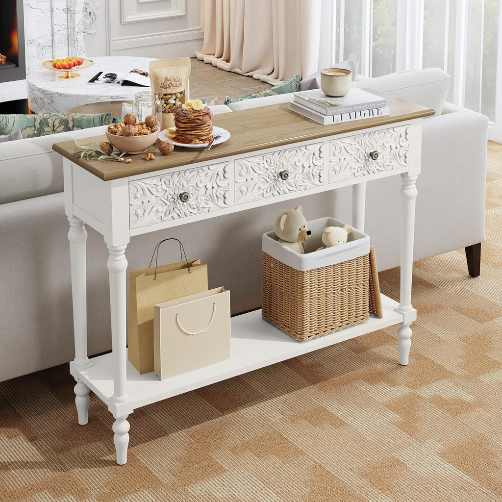 3More Entryway Console Table with 3 Drawers,42' Carved Hallway Table with Open Shelf,Long Sofa Table for Living Room, Hallway, Behind Couch,White