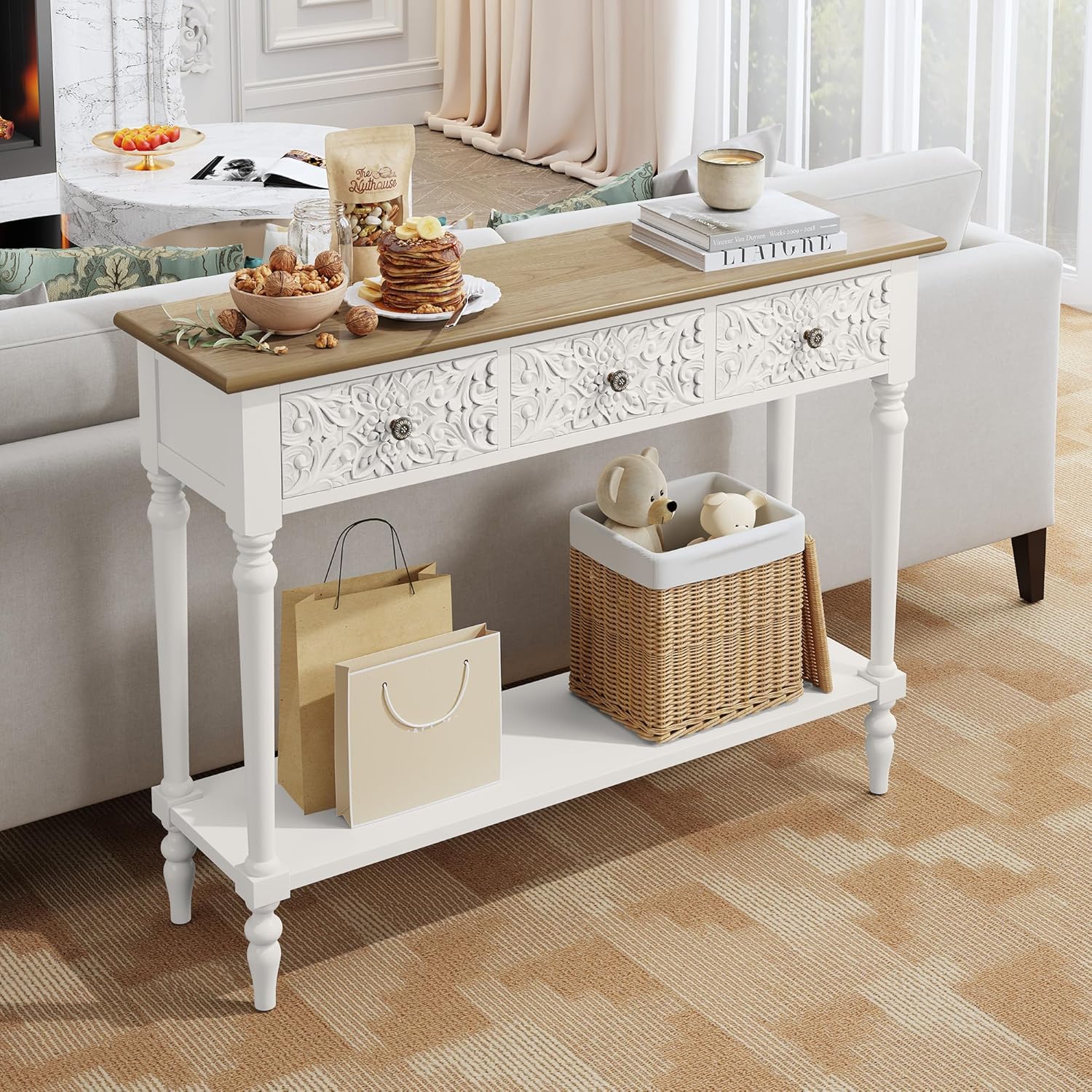 3More Entryway Console Table with 3 Drawers,42' Carved Hallway Table with Open Shelf,Long Sofa Table for Living Room, Hallway, Behind Couch,White