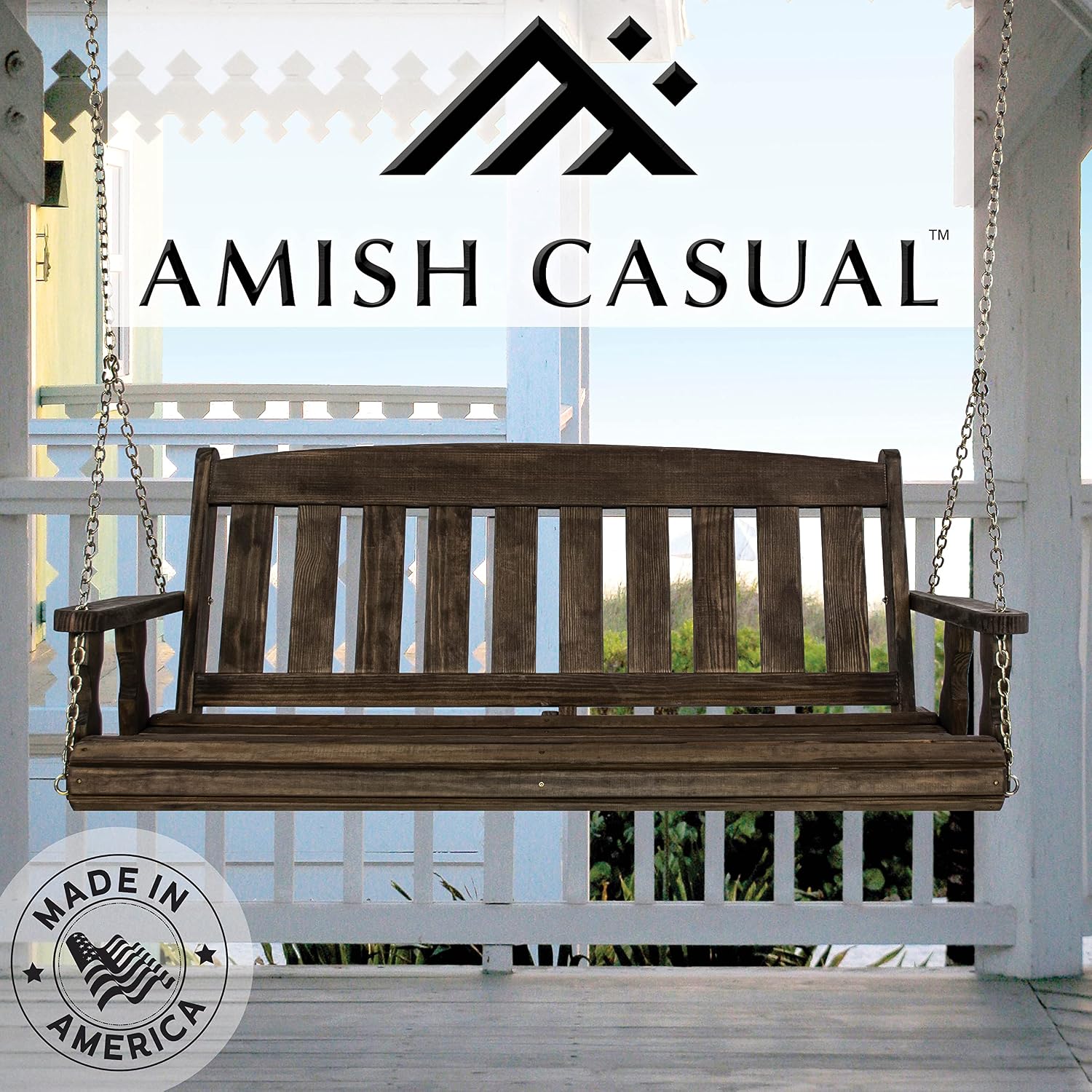 Amish Casual Heavy Duty 800 Lb Mission Treated Porch Swing with Hanging Chains (4 Foot, Dark Walnut Stain)