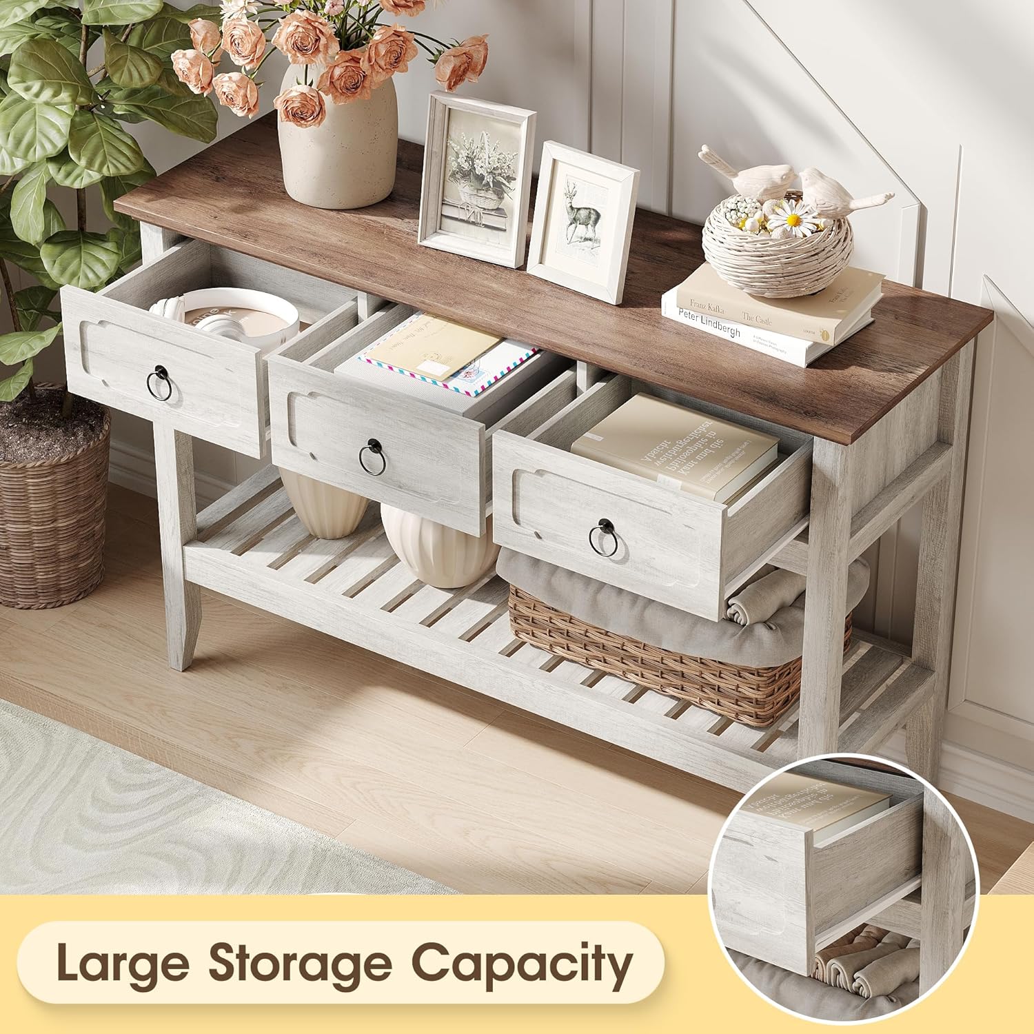 Maupvit Rustic Entryway Table with Large Storage Space, Farmhouse Feel Console Table for Entryway, Sturdy & Reliable Structure Sofa Table, Easy to Assemble Entry Table