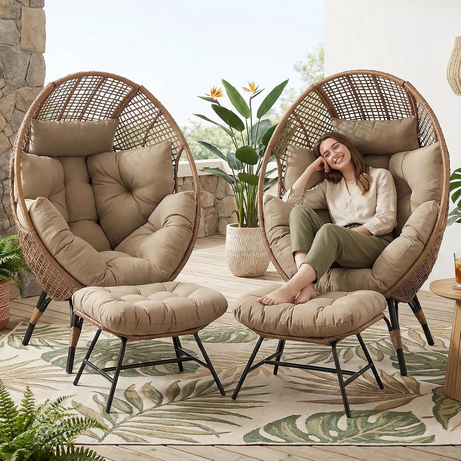RADIATA 2 pcs Egg Chair with Footrest, Wicker Patio Lounger with Ottoman for 2, Oversized Rattan Egg Shaped Chair with Leg for Indoor Outdoor Patio Balcony Garden (Brown, 2pcs)