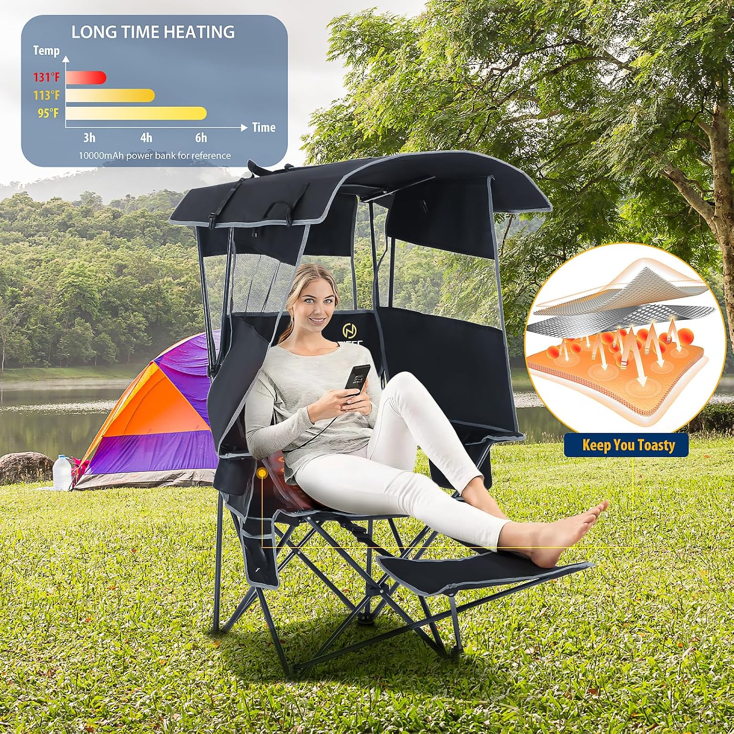 Nice C Chair with Canopy, Heated Camping Chair with Battery, Outdoor Sports Chairs with Shade, Heated Folding Umbrella Lawn Chairs, with Removable Footrest (1-Pack)