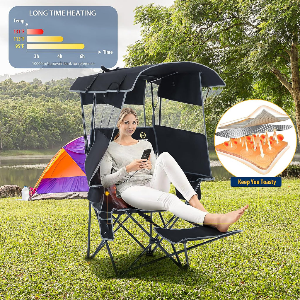 Nice C Chair with Canopy, Heated Camping Chair with Battery, Outdoor Sports Chairs with Shade, Heated Folding Umbrella Lawn Chairs, with Removable Footrest (2-Pack)