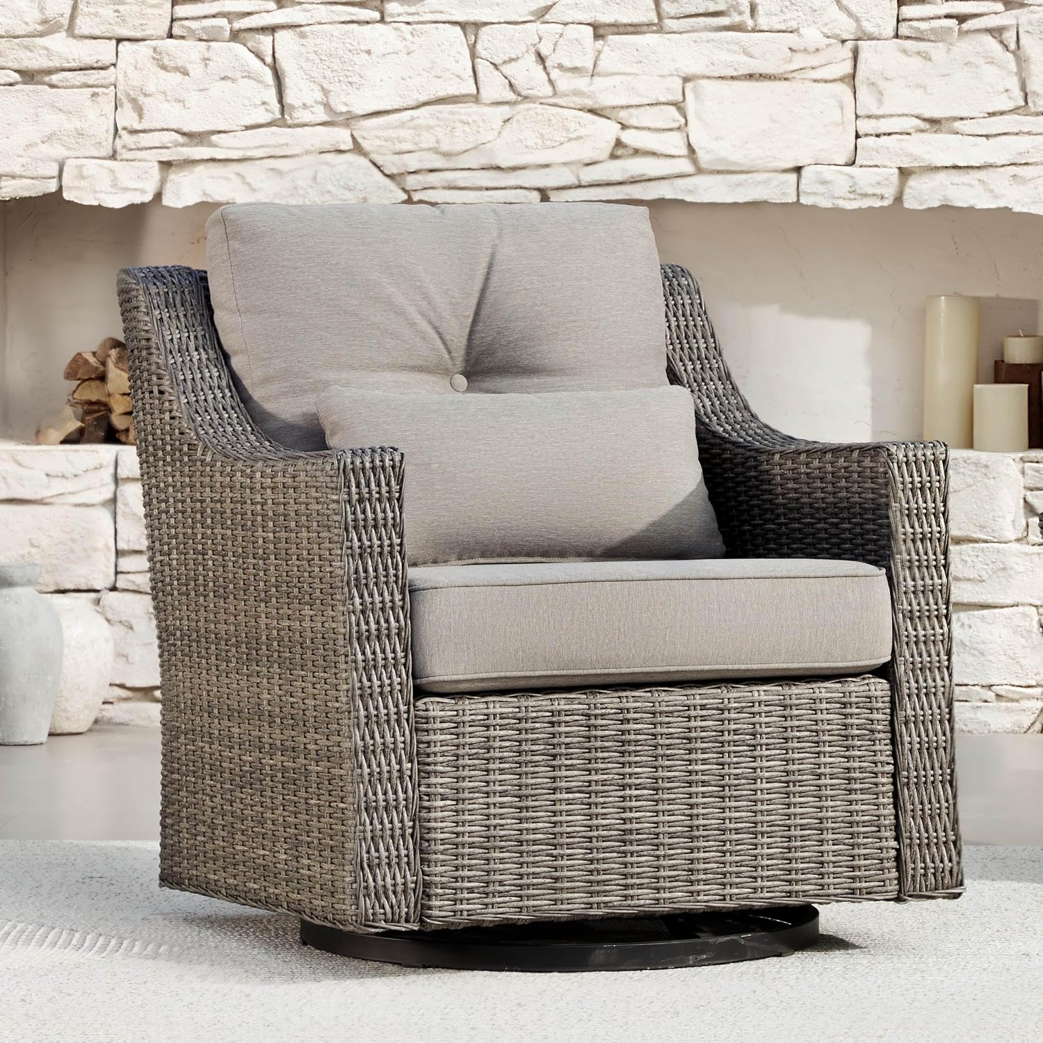 CHITA Patio Wicker Chair, 360° Rocking Swivel Outdoor Rattan Chair with Thickened Cushions for Backyard, Poolside, Garden or Porch
