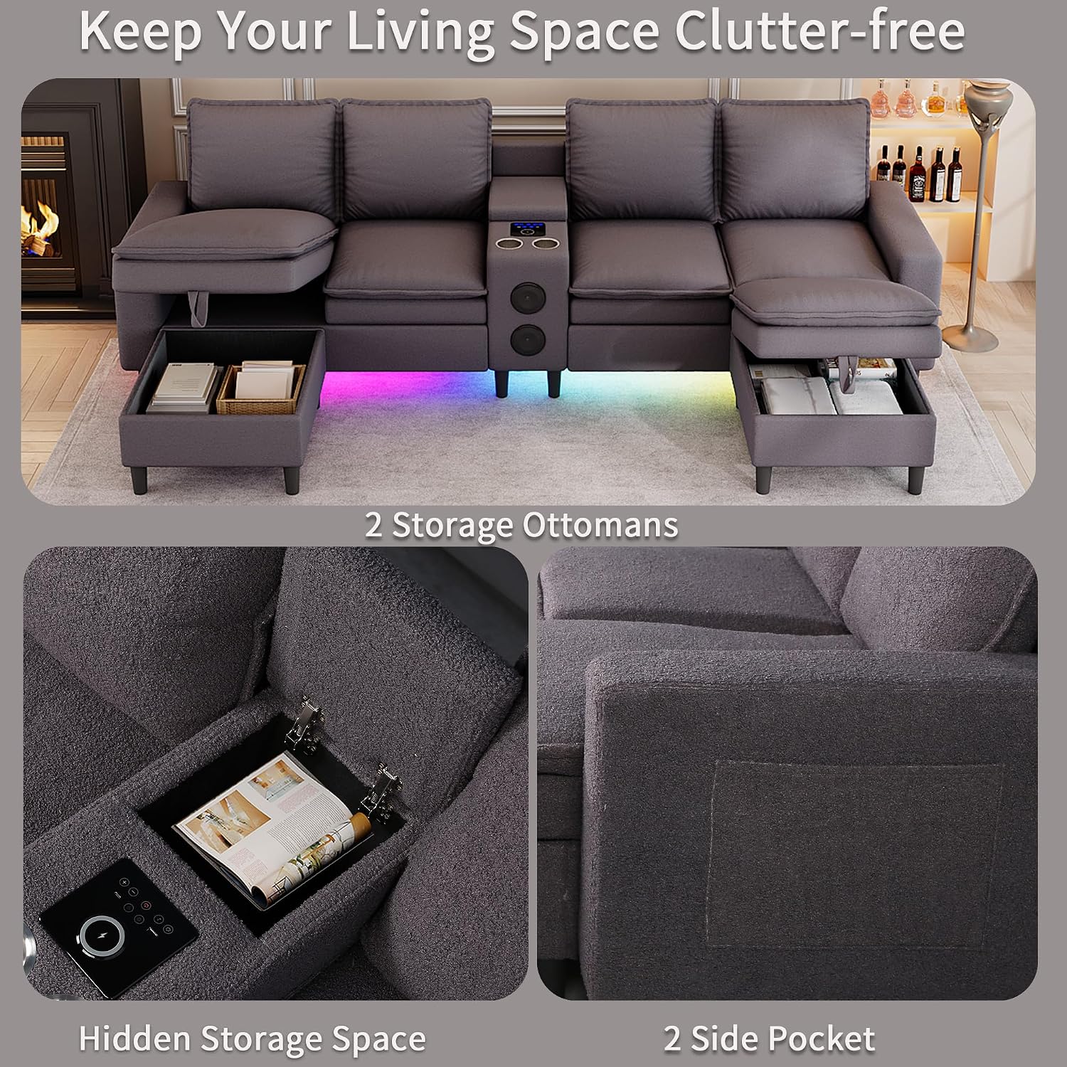 Sectional Couches for Living Room, 4 Seat Sectional Sofa with Smart Module-Bluetooth Speaker/RGB Light/Charging Station, Teddy Fleece U Shaped Cloud Couch with Storage Ottoman (Dark Grey)
