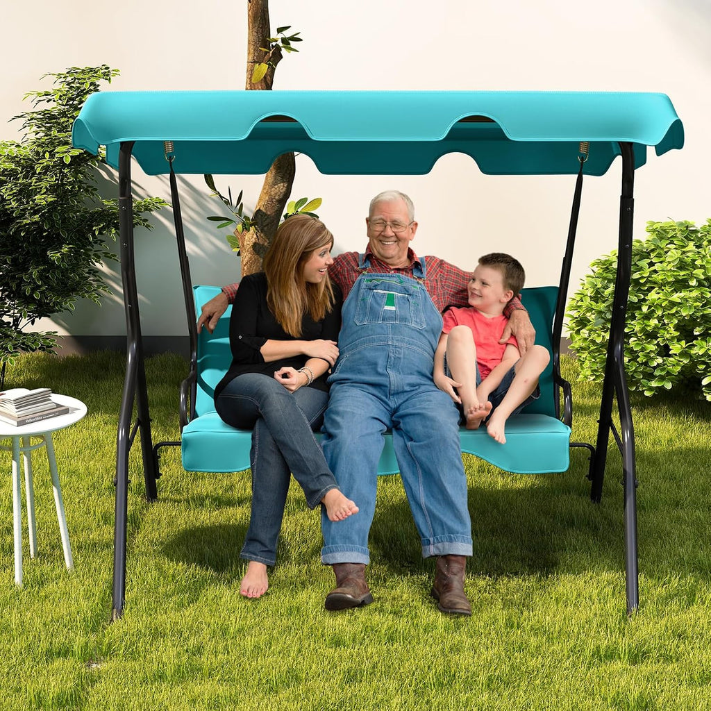 Tangkula 3 Person Porch Swing, Patio with Removable Cushion & Powder-Coated Steel Frame, Outdoor Swing with Canopy for Porch, Backyard, Garden, Balcony (Turquoise)