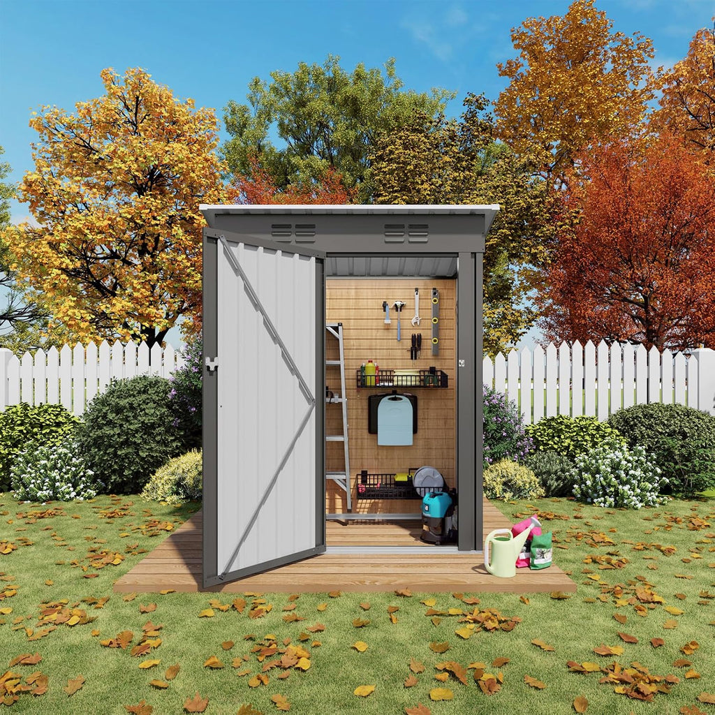 Outdoor Storage Shed 5 x 3 FT Metal Tool Shed with Pitched Roof, Compact Metal Garden Shed Anti-Corrosion Storage House with Lockable Door for Backyard, Patio, Sundries, Gray (Pitched roof)