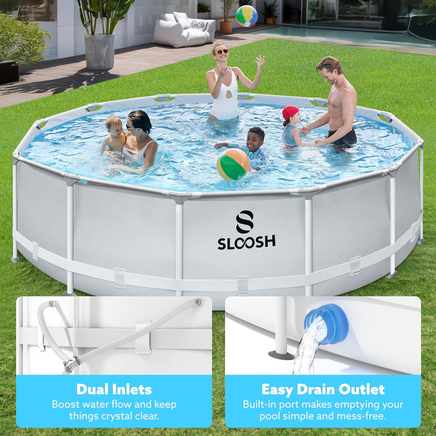 SLOOSH Round Above Ground Pool - 12ft x 30inch Outdoor Round Frame Above Ground Swimming Pool Set for Kids Adults with Filter Pump