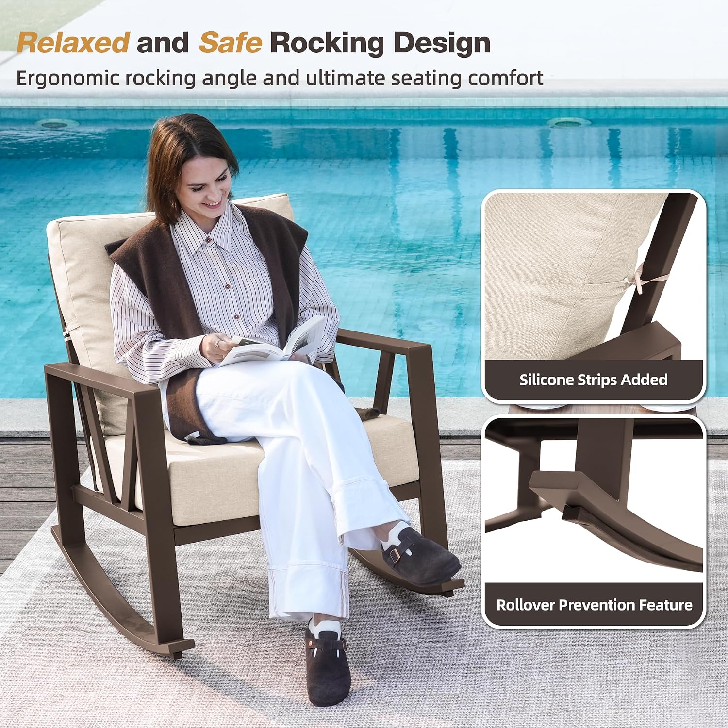 Outdoor Patio Rocking Chairs Set of 2, 3 Pieces Patio Porch Furniture Set with 6' Thick Cushions, Outdoor Bistro Set with Coffee Table, Upgrade Beige