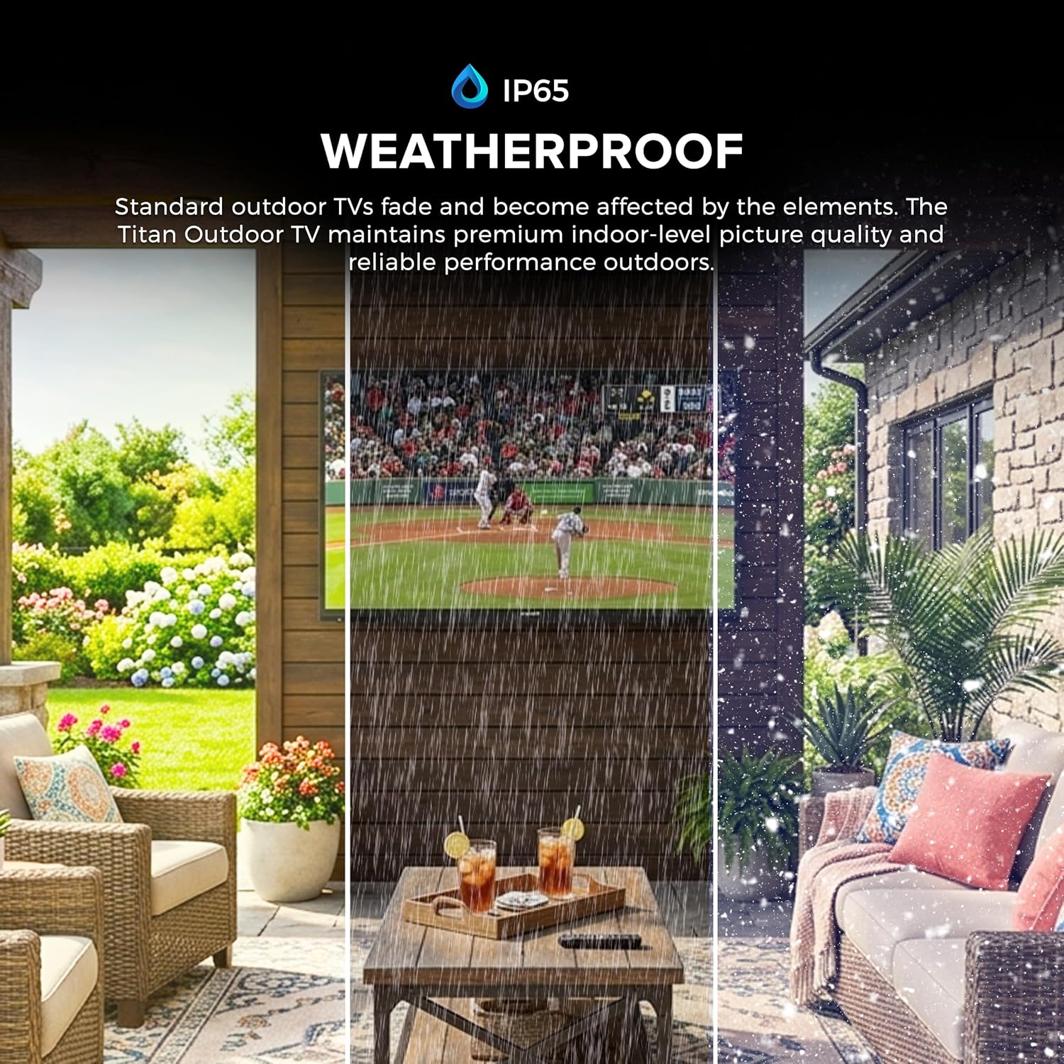 Titan L200 QNED 65 Inch Outdoor TV, Partial Sun, IP65 Smart Weatherproof TV, 4K HDR, 120 Hz, Web AI OS, 1500 Nits, Wi-Fi 6E, Dolby Digital, Outdoor TV Cover, Slim Bezel, 2 Yr Wty