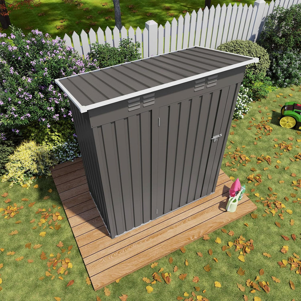 Outdoor Storage Shed 5 x 3 FT Metal Tool Shed with Pitched Roof, Compact Metal Garden Shed Anti-Corrosion Storage House with Lockable Door for Backyard, Patio, Sundries, Gray (Pitched roof)