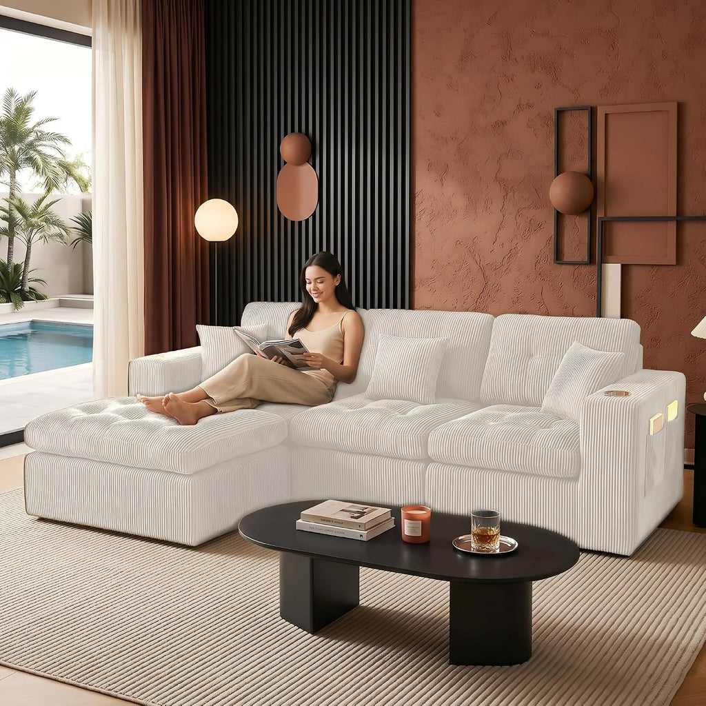 Modular Cloud 3 Seater Boneless L-Shaped Sectional Sofa, Comfy Modern Design with Ergonomic Support & Free Combination for Living Room/Bedroom/Apartment (Light Beige)