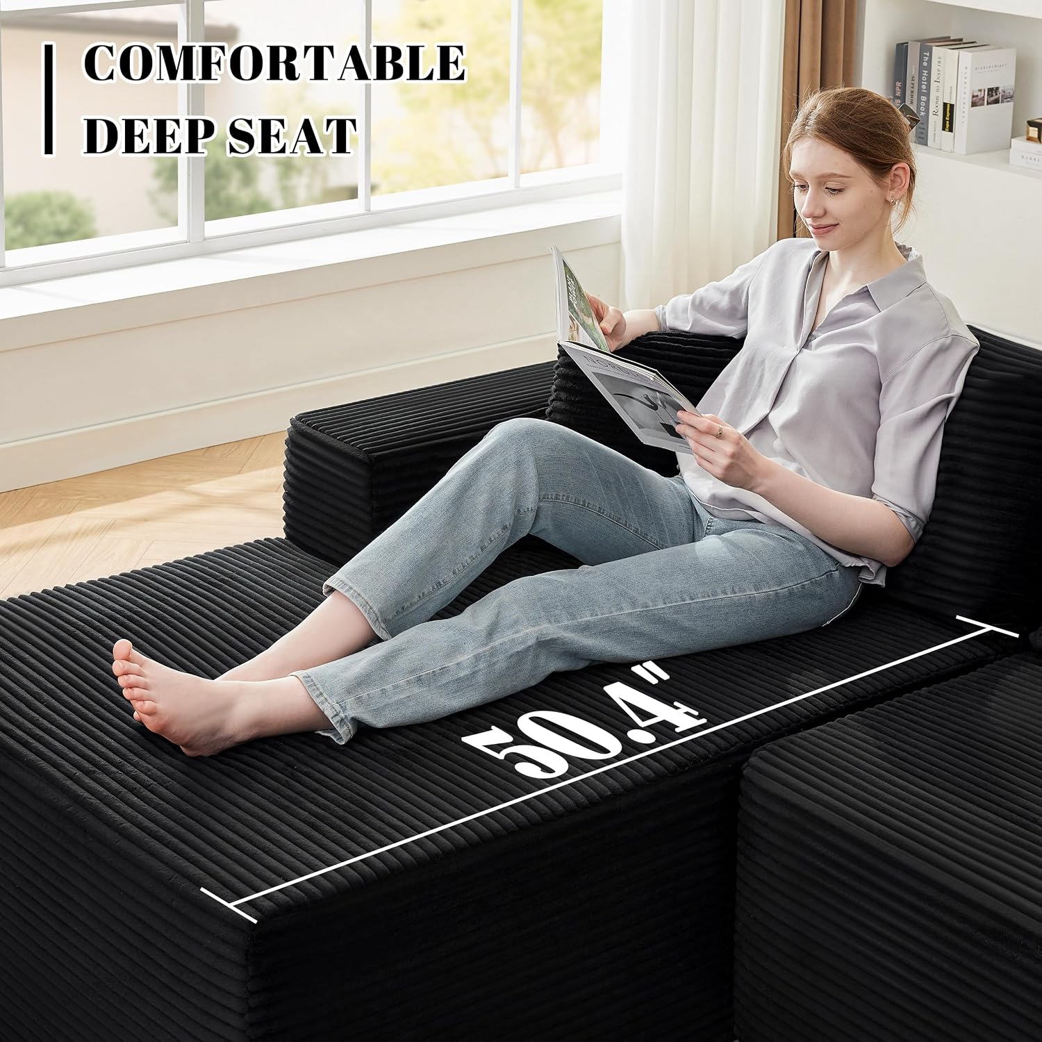 Mangodan 110' Cloud Sectional Couch, Boneless Sofa for Living Room, Modular Sectional Sofa with Deep Seat, Comfy Fluffy Couch with L-Shaped Chaise, No Assembly Required (Left-Facing Chaise, Black)