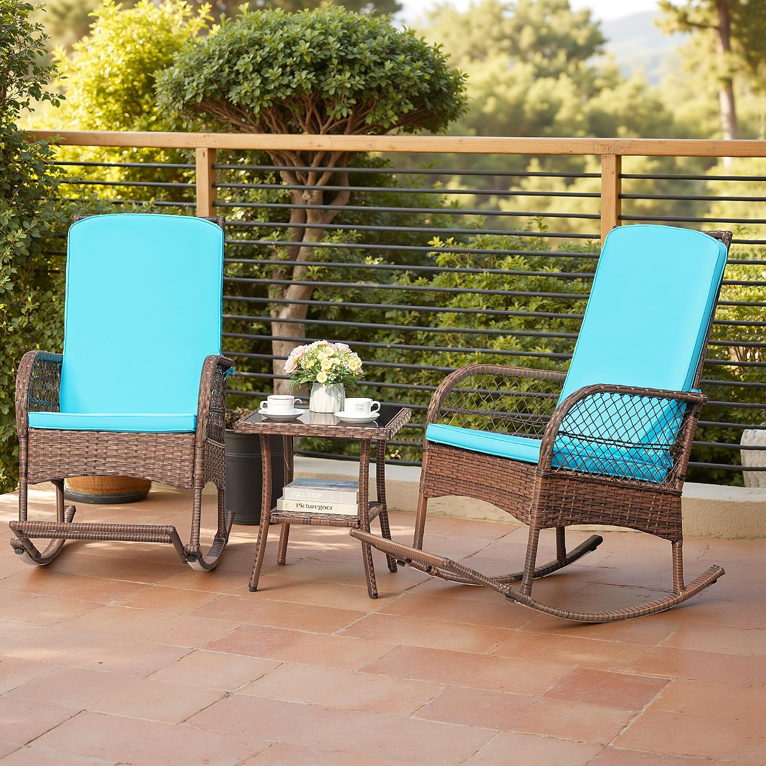 Devoko Outdoor Rocking Chairs 3 Piece Patio Furniture Set with Side Table & Cushions, Wicker Porch Rocker Bistro Set High Back for Balcony, Backyard, Garden (Blue)