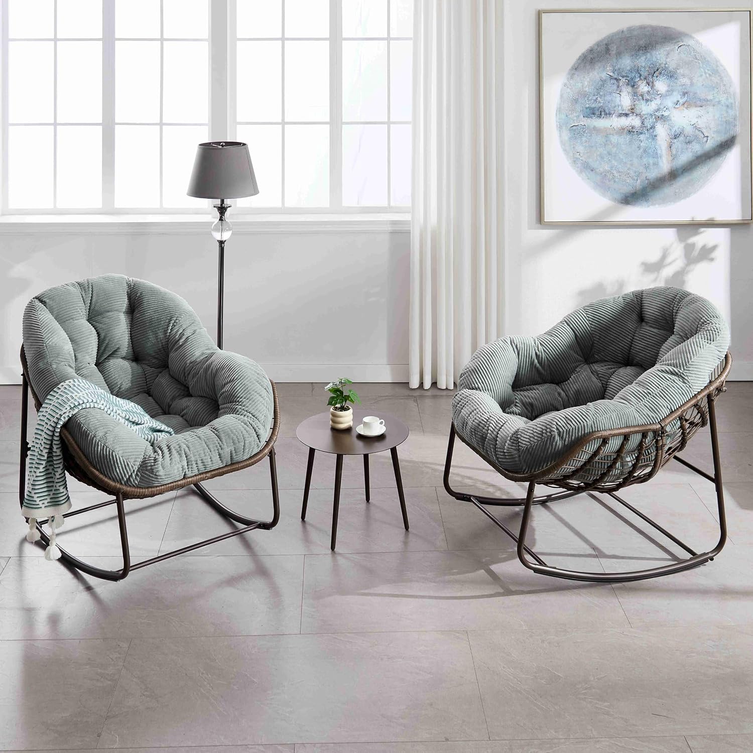 Wicker Outdoor Rocking Chair Rattan Egg Chair with Thick Cushion 30° Smooth Rocking Patio Lounge Reclining for Indoor Outdoor Use Living Room Front Porch Balcony Lawn Garden, Light Blue
