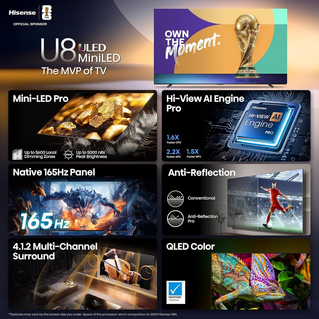 Hisense 100' U8 Mini-LED ULED 4K UHD Google Smart TV (100U8QG, 2025 Model) - QLED, Native 165Hz, VRR 288, Up to 5000 Nits, HDR10+, Dolby Vision IQ · Atmos, IMAX Enhanced, 4.1.2 Ch Surround (Renewed)