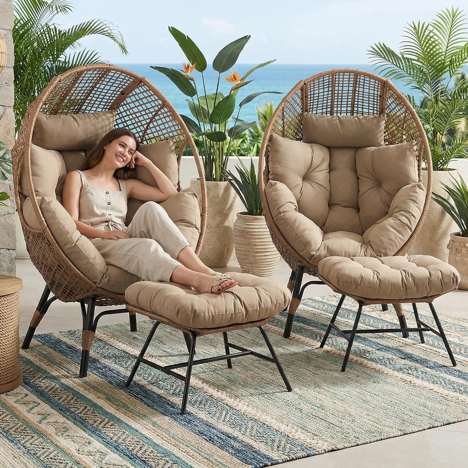 RADIATA 2 pcs Egg Chair with Footrest, Wicker Patio Lounger with Ottoman for 2, Oversized Rattan Egg Shaped Chair with Leg for Indoor Outdoor Patio Balcony Garden (Brown, 2pcs)